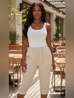 Grade & Gather Linen Blend Crop Pants Beige Pull On Elastic Waist Size S